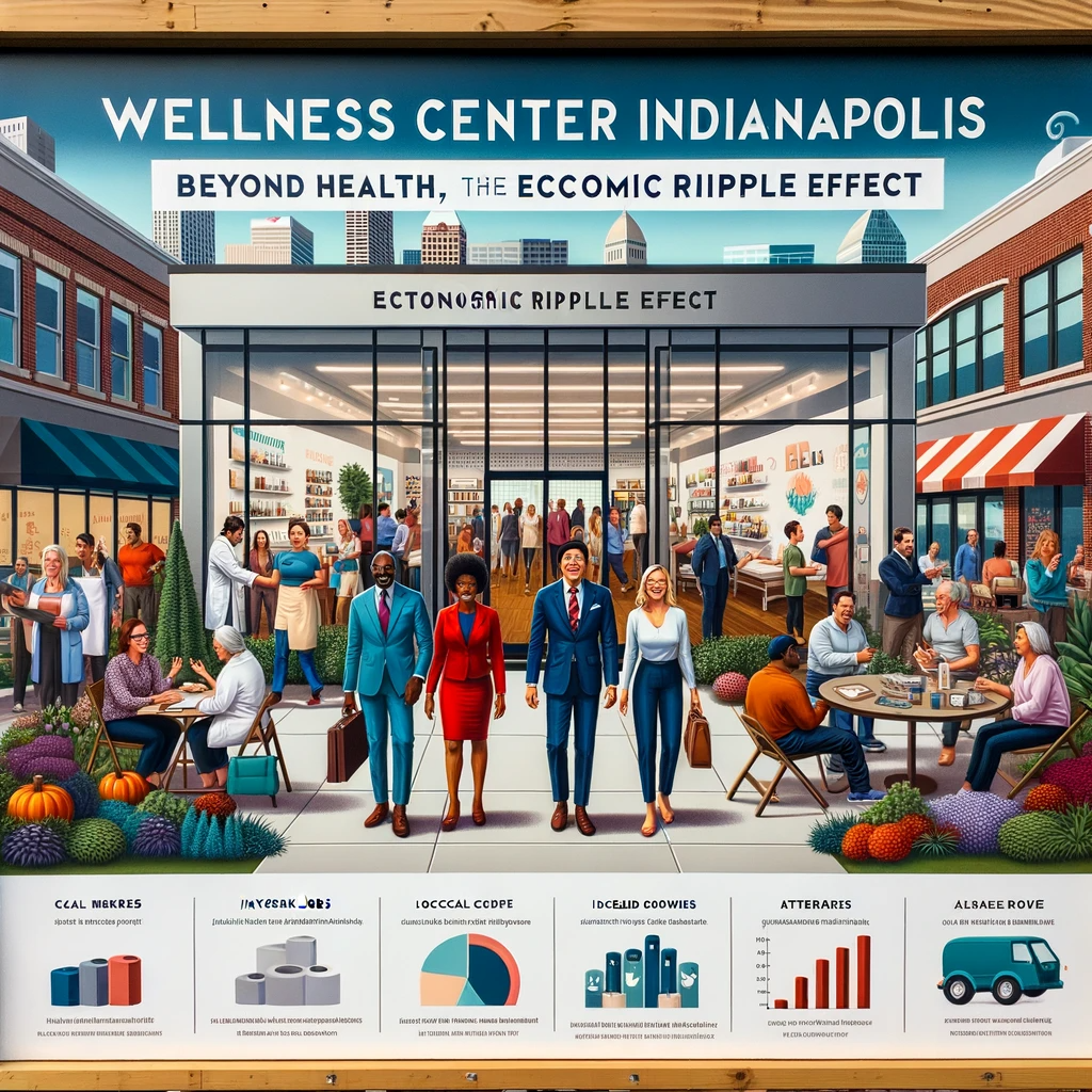 Bustling activity outside Wellness Center Indianapolis with diverse clients networking, adjacent thriving businesses, and an infographic highlighting economic benefits.