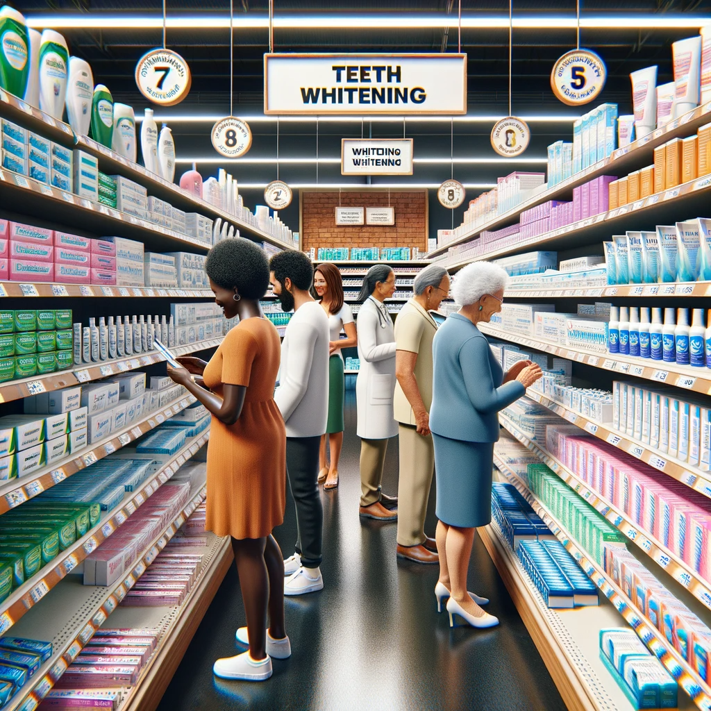 Diverse individuals examining teeth whitening products in a supermarket dental care aisle.