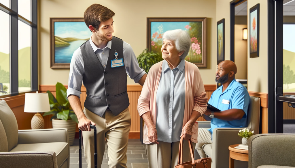 Supportive staff member assisting a senior resident with her belongings in the hallway of Assisted Living El Cajon, with a signboard reading 'Making Your Transition Smooth'.