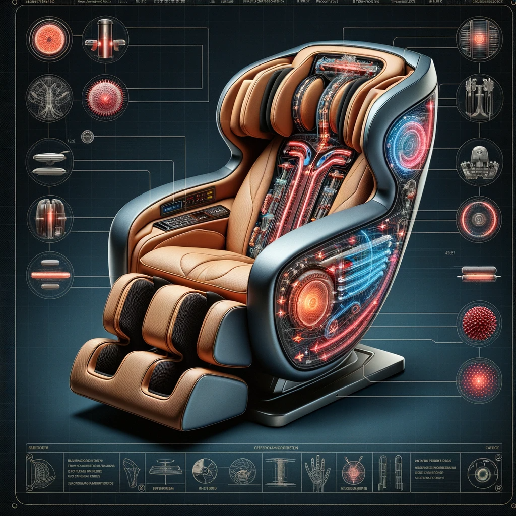 Split-view of a massage chair showcasing its internal mechanics.